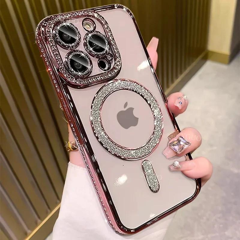 Fashion Crystal Diamond Magnetic Clear Case For iPhone 16 15 14 13 12 11 Pro Max 16 Plus Magsafe Wireless Charge Silicone Cover