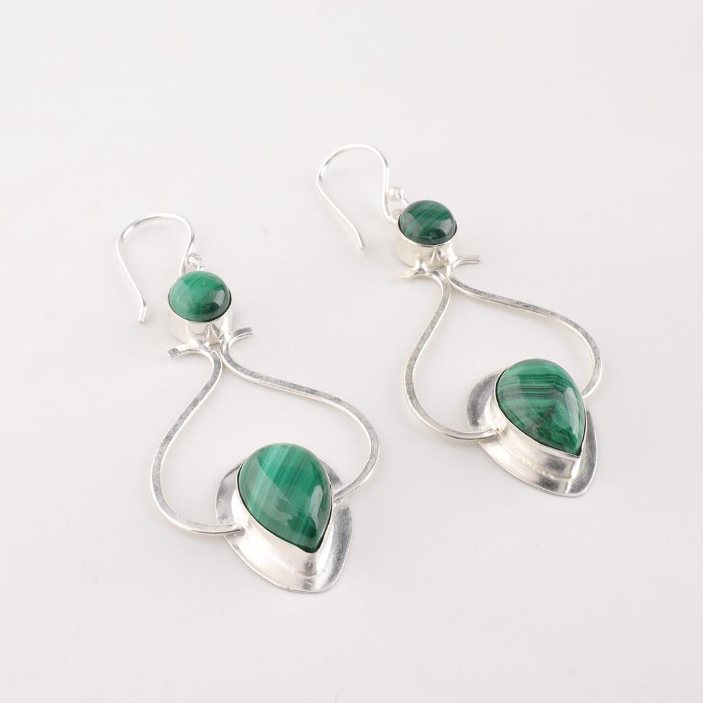 Natural Malachite Gemstone 925 Sterling Silver Handmade Partywear Earrings 2.07" EE-170-22