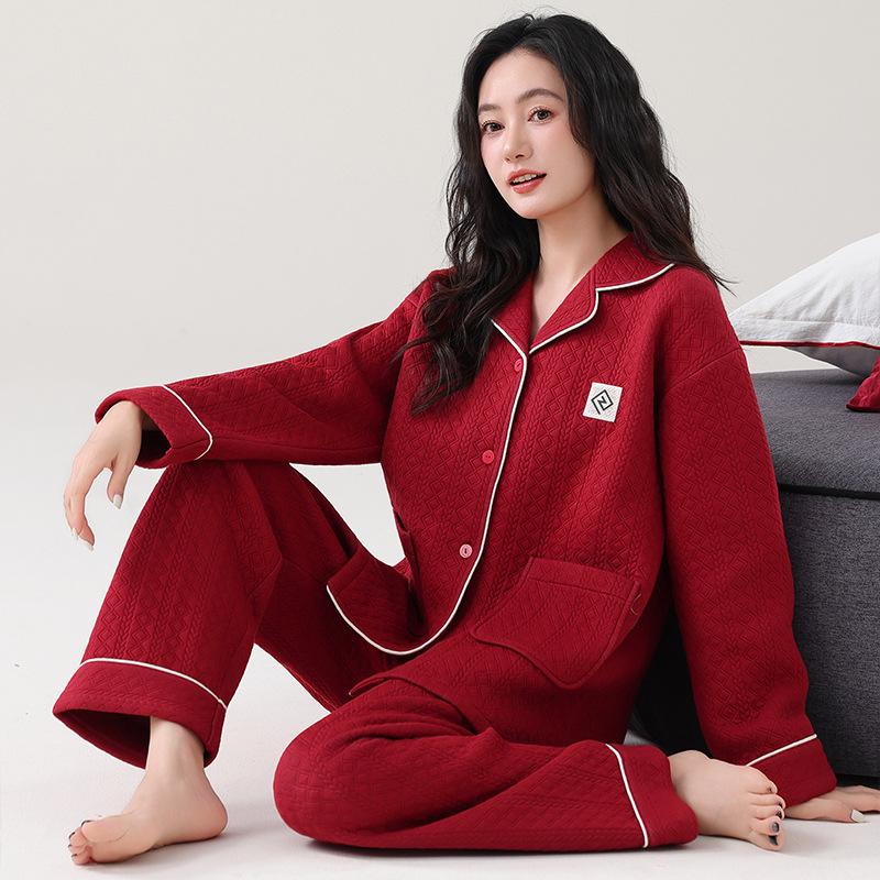 Pajamas Women'S Autumn And Winter Thickened Pure Cotton Long-Sleeved Sandwich Air Cotton Large-Size Warm Loungewear Set