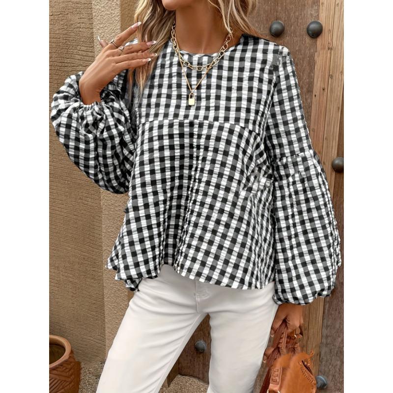 Loose Fit Plaid Lantern Sleeve Round Neck Blouse For Women