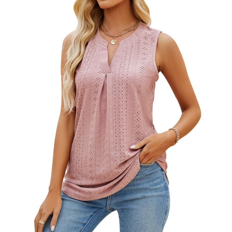 Women Solid Color V Neck Sleeveless Perforated Loose Casual Summer Tank Top