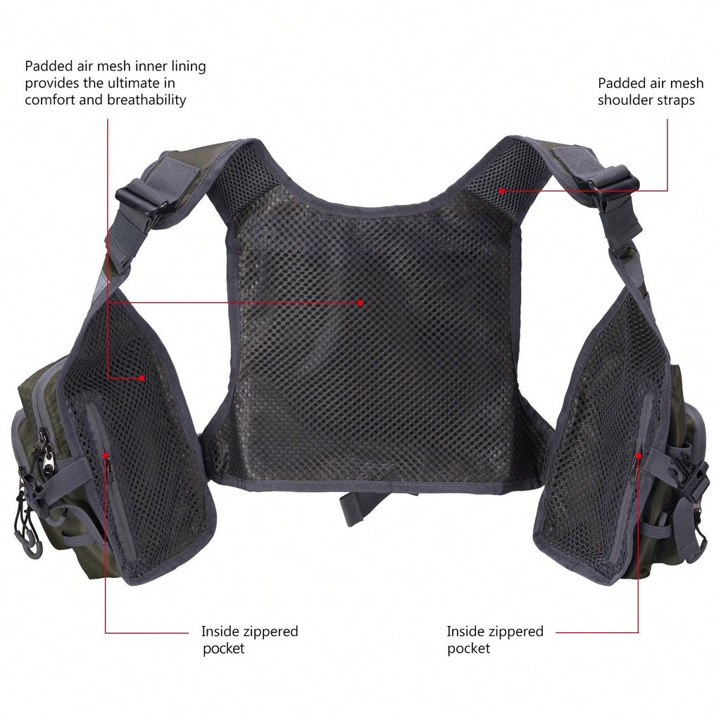 Breathable Fly Fishing Vest with Chest Pack, Lightweight Outdoor Fishing Gear with Storage Pockets, One Size Fits Most