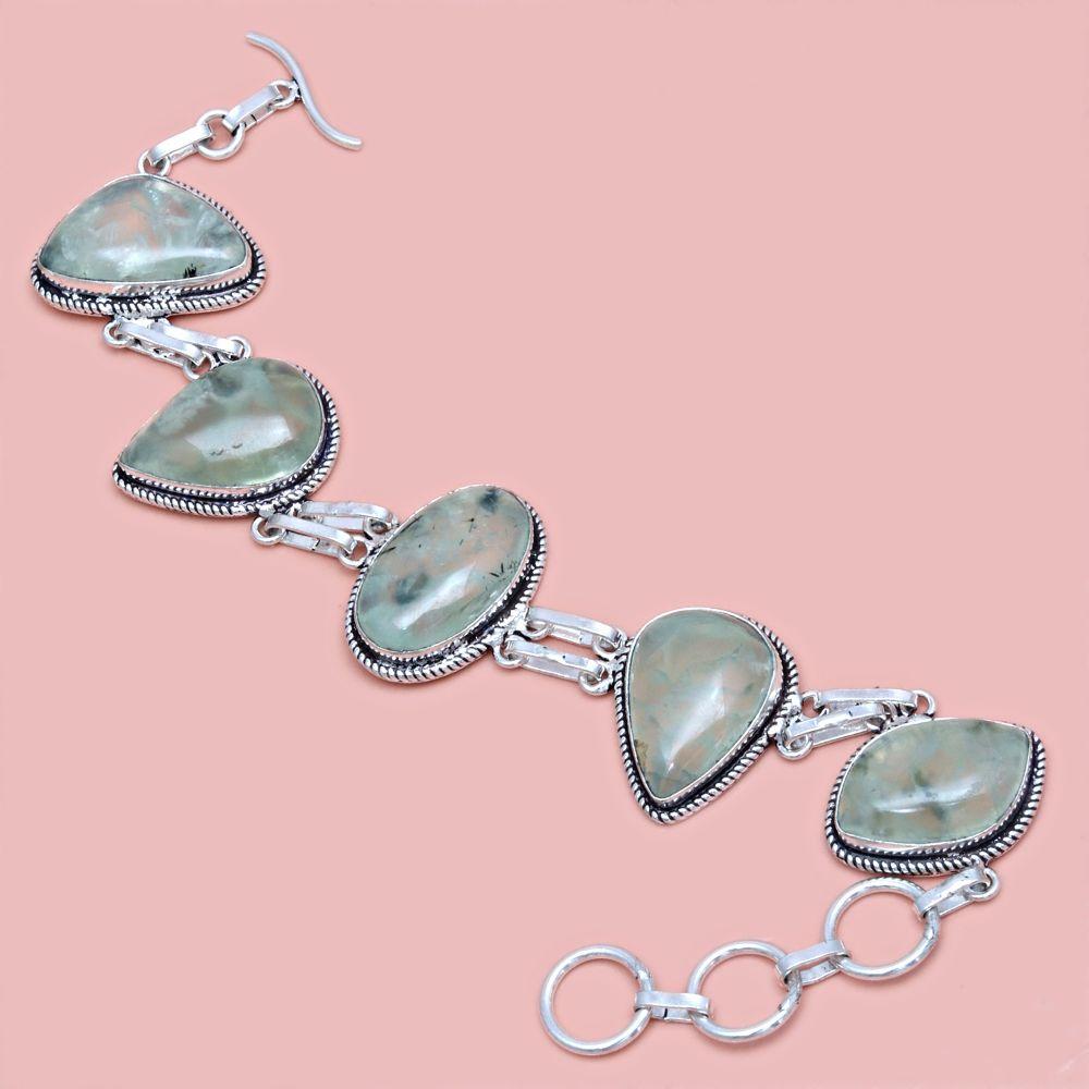 Prehnite Cabochon Gemstone Silver Jewelry Bracelets 7''Adjusable