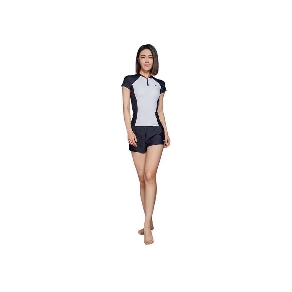 Li Ning Swimming Series Color Block Round Neck Pullover Short Sleeve Two-Piece Swimsuit Women Swimsuit White Black ASLT076-1