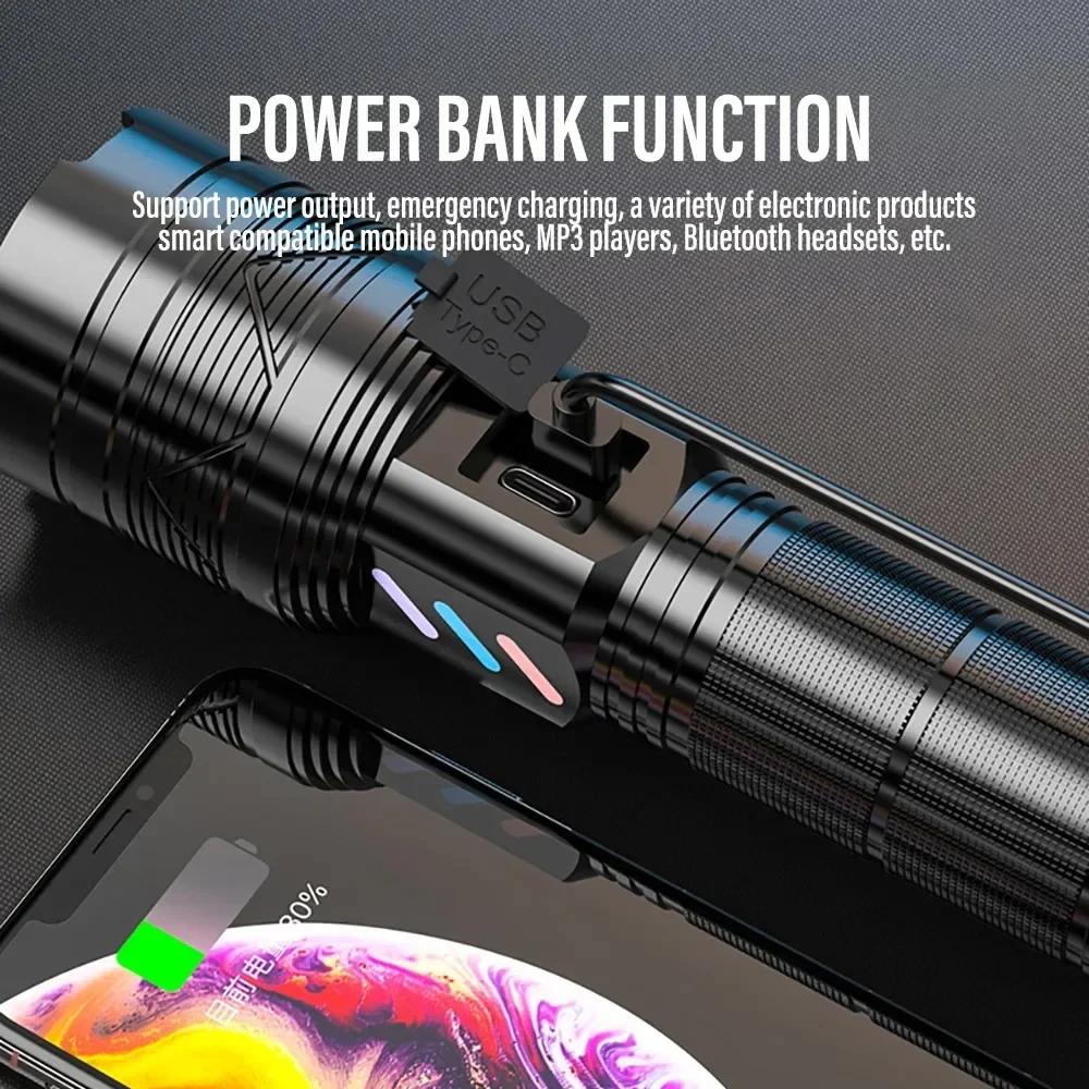 Powerful 60W LED Flashlight USB Rechargeable Tactical 26650 Torch with Power Display Super Bright Long Range Camping Lantern