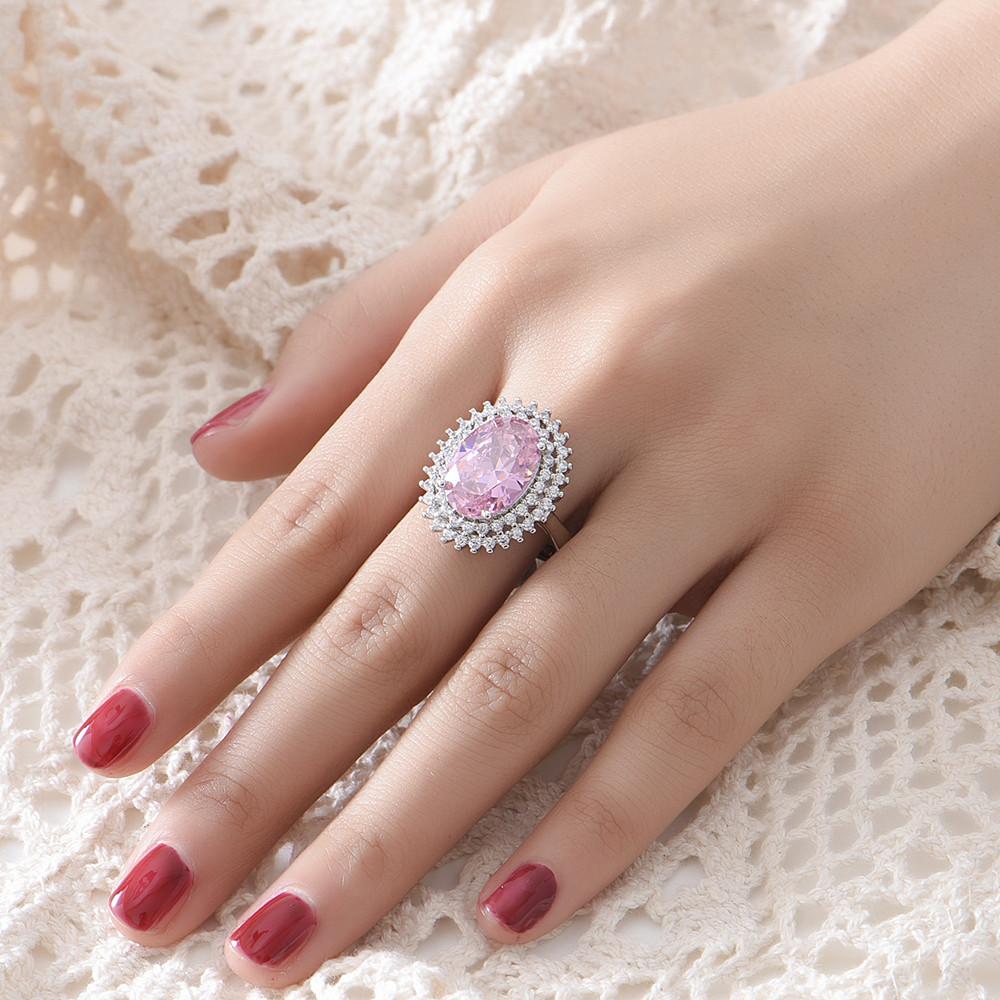 Fashion Chic Big 5 Carats Pink Crystal Zircon Diamond Gemstones Rings for Women White Gold Silver Color Jewelry Bague Party Gift