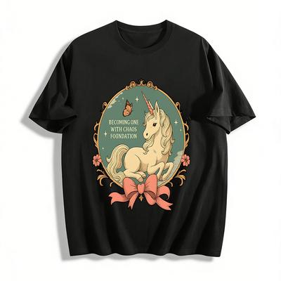 Becoming One With Chaos Foundation Unicorn Print Vintage Style Casual Top Pure Cotton T-shirt