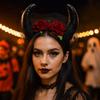 Lace Trim Halloween Cow Horns Headband Flowers Design Red Rose Headband  Women's Accessories