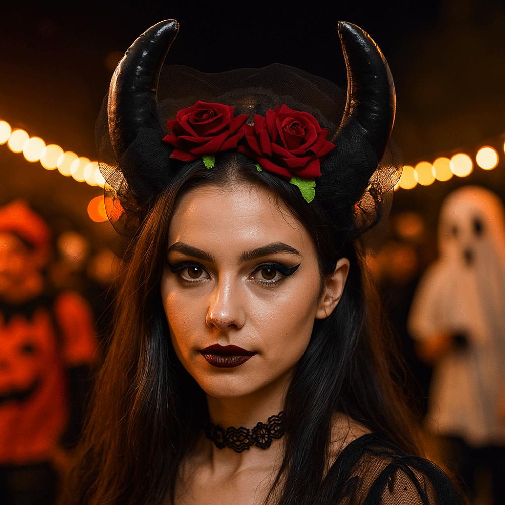 Lace Trim Halloween Cow Horns Headband Flowers Design Red Rose Headband  Women's Accessories