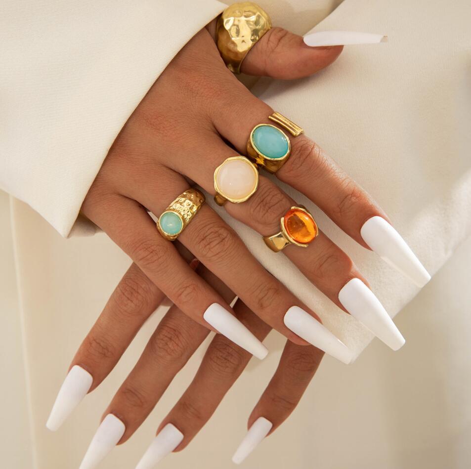 

Gold Color Floral Gemstone Ring Set For Women Vintage Irregular Lava Texture Pearl Opal Inlaid Rings Trendy Statement Jewelry