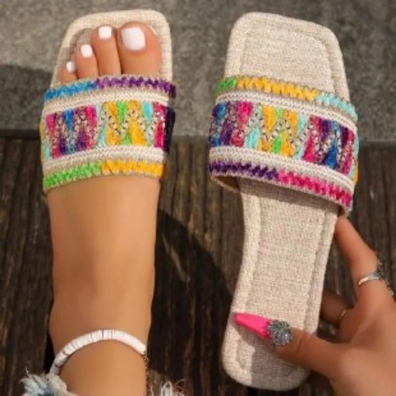Fashion Shoes Female 2024 Fashion Basic Women's Slippers Hot Sale Modern Slippers Women Mixed Colors Square Toe Outdoor Plus Size Sandal