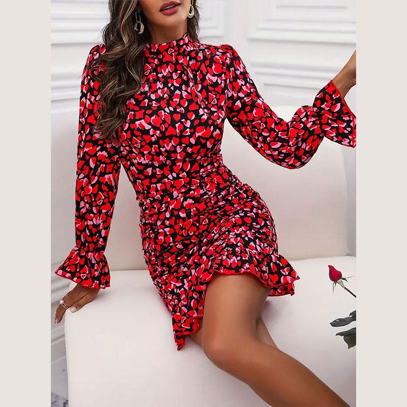 Abiti da donna estivi eleganti stampati a maniche lunghe con colletto rialzato e volant sui fianchi