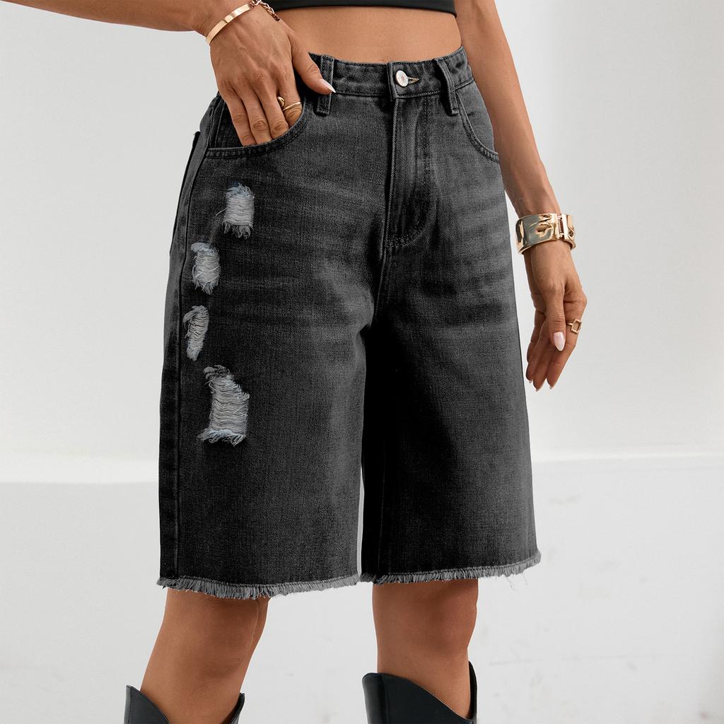 Women's Casual Color Denim Ripped Five-point Pants Fringe Jeans