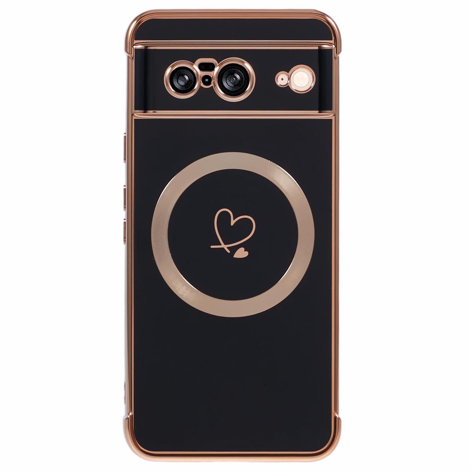 

For Google Pixel 8 Case Compatible with MagSafe Electroplated TPU Phone Cover Hollow Love Hearts Black