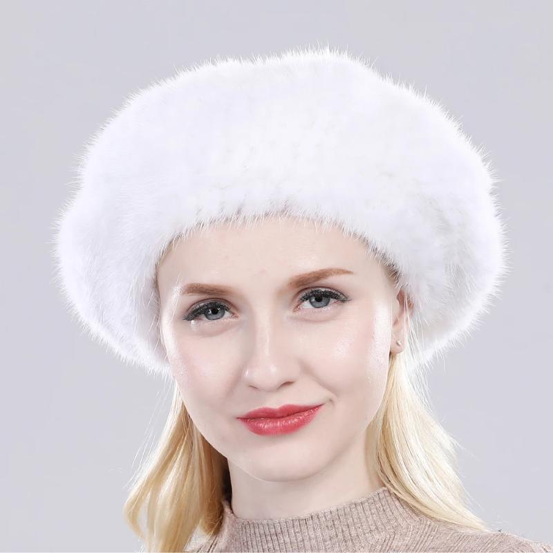 New Winter Lady Natural Mink Fur Beanies Hat Knit Warm Striped Genuine Mink Fur Caps Women Good Elastic Real Mink Fur Hat