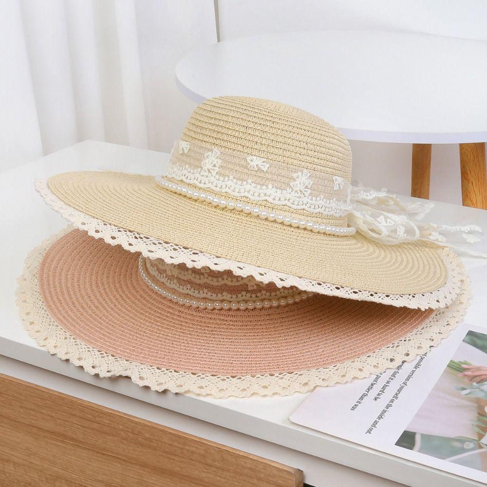 Breathable Wide Brim Straw Hat Elegant Lace Tied Sun Hat Stylish Beach Hat  Girls