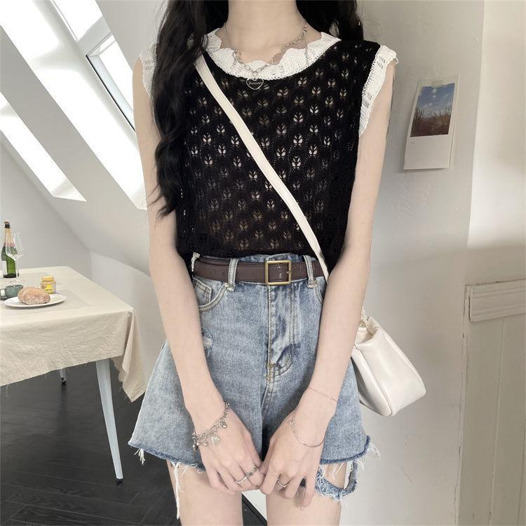 

Hollow Sleeveless Vest for Women Niche Color Blocked Loose Knitted Vest Top 2XL чорний