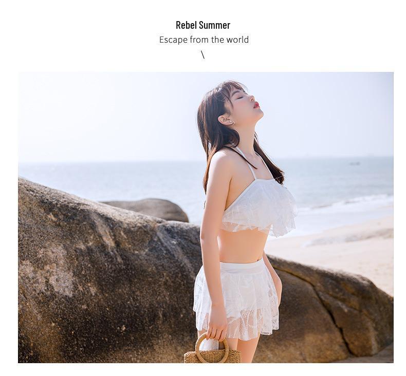 Japanese Lace Split Three-Piece Swimsuit: Women's Sheer Swimwear with Underwire & Chest Pads - Beach Vacation Style.