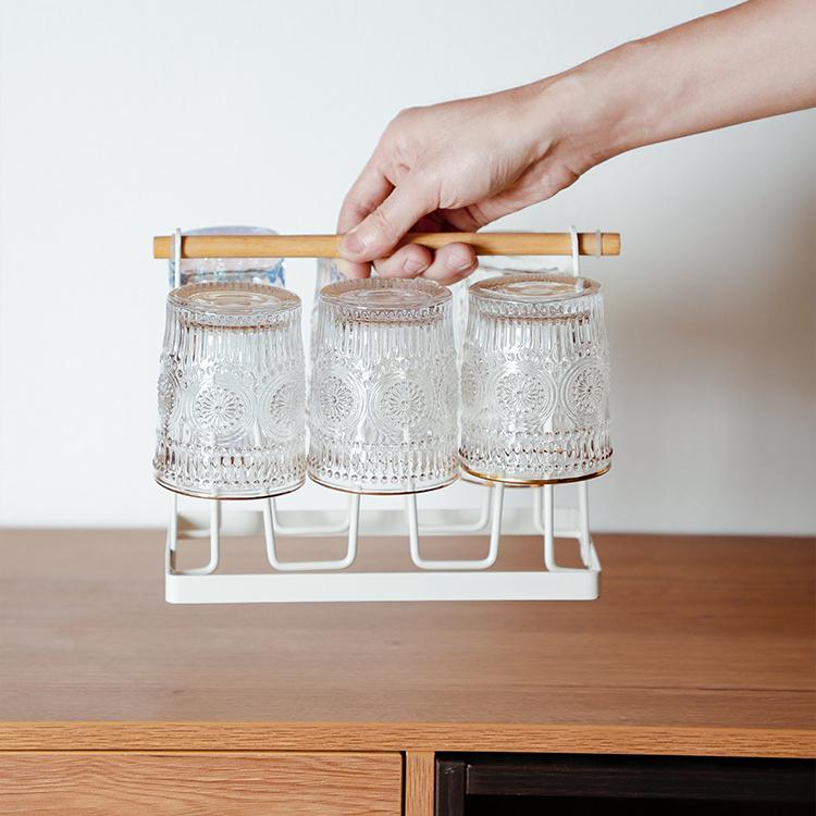 Portable Iron Cup Holder Household Coffee Cup Drain Rack Wooden Handrail Glass Holder Kitchen Living Room Cup Storage Shelf