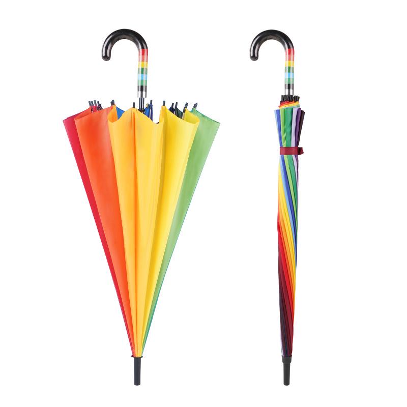 Large 16-Ribbed Rainbow Umbrella with Curved Handle and Custom Logo Option - Black Glue Coating