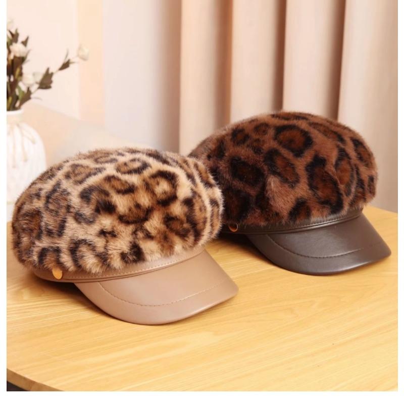 Women S Fashion Versatile Fleece Lined Leopard Print Beret Hat For Autumn Winter