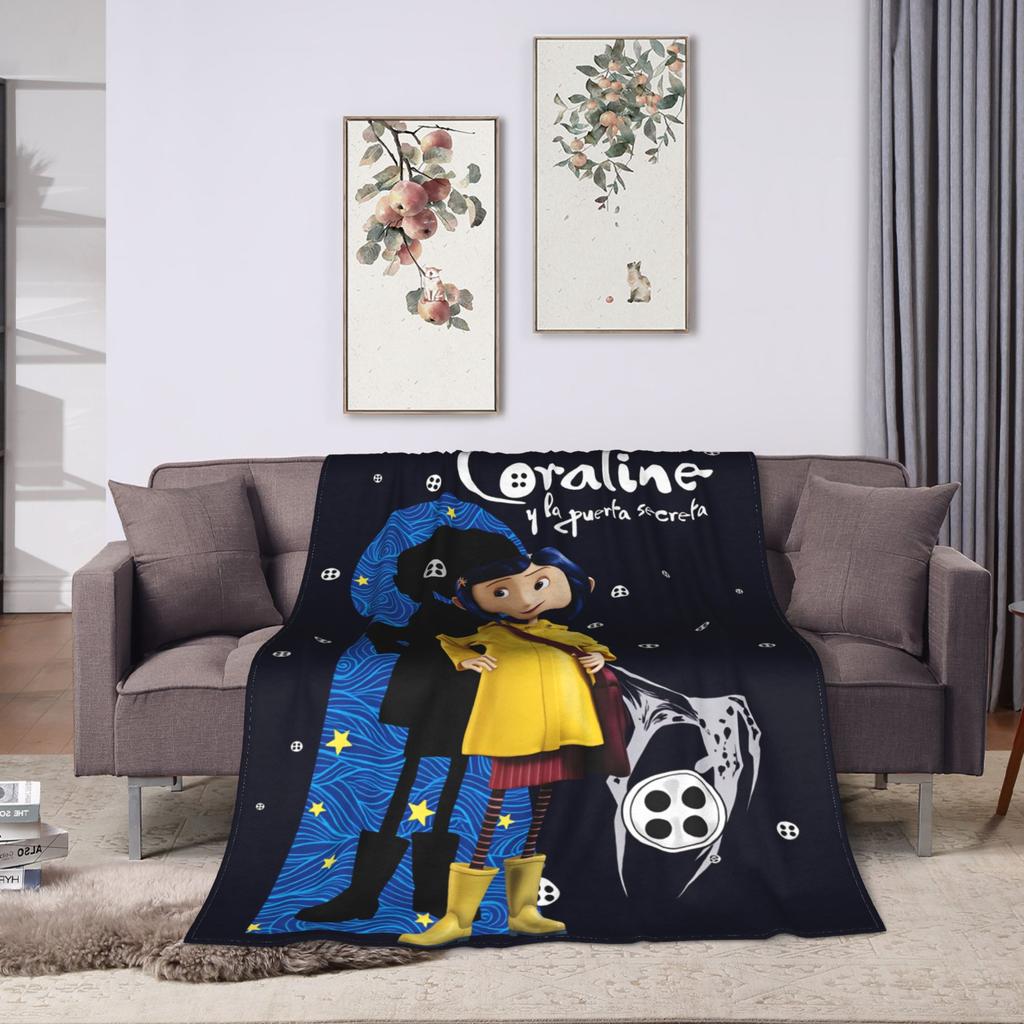 Coralines Animated Movie Blanket  Travel Flannel Throw Blanket For Living Room Warm Soft Custom DIY Quality Bedspread Gift Idea