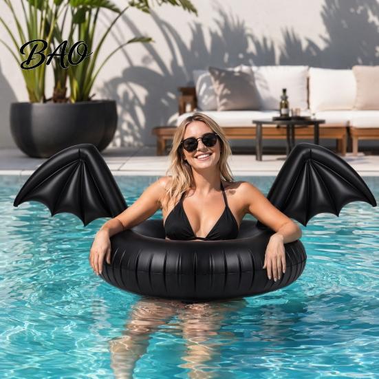 Summer Beach Float Ring Inflatable Pool Float, Creative Bat Wings Decor, Black Thickened PVC Swim for Party Halloween Calm Water Tube
