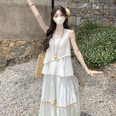 Bohemian Faux Two-Piece Camisole Vest & High-Waisted Skirt Set - Women's Sleeveless Holiday Style