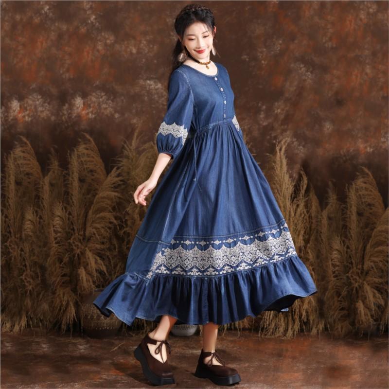 Johnature Summer Women O-Neck Elasticated Waistband Dress Vintage Embroidery Three Quarter Cowboy Dress