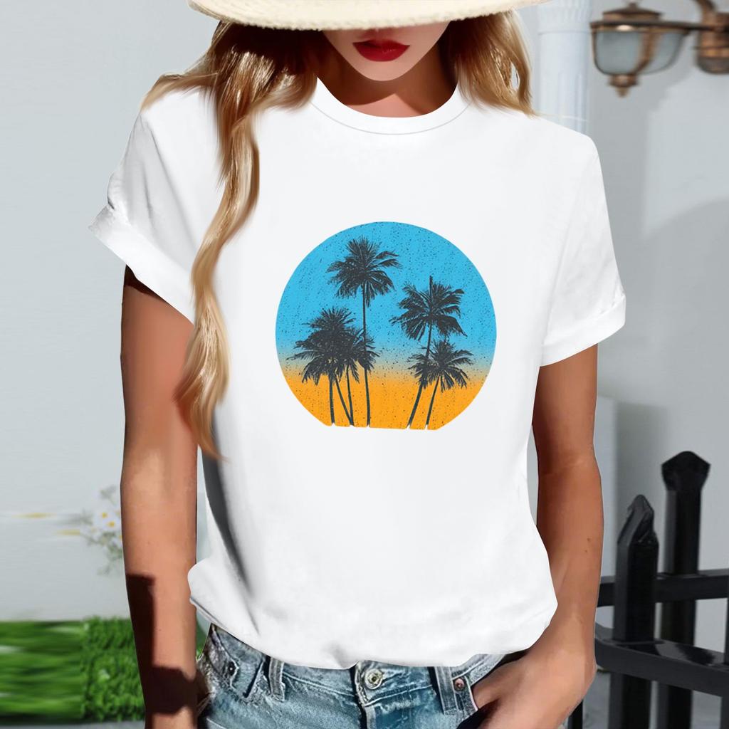 Women's Fashionable Round Neck Casual Retro Print Short Sleeved T-shirt Top