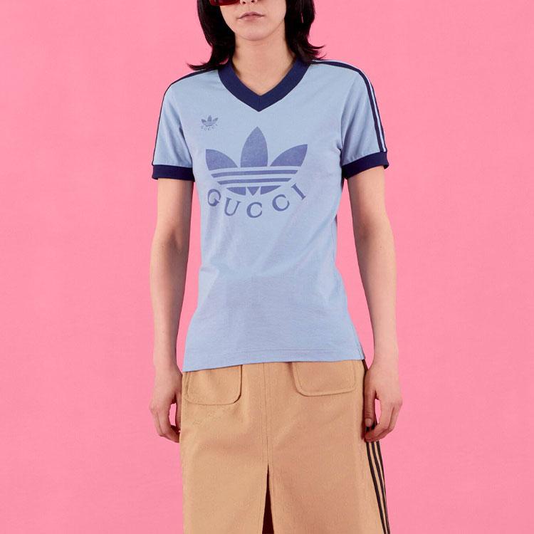 adidas V-Neck T-Shirt Light Blue Unisex Tops 693636-XJEBZ-4709