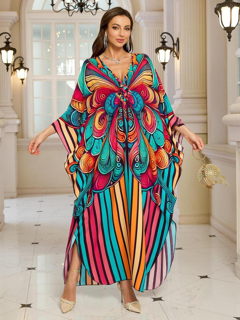 2025 European & American Cotton Printed Beach Dress Women's Long Loose Cover-Up with Sun Protection