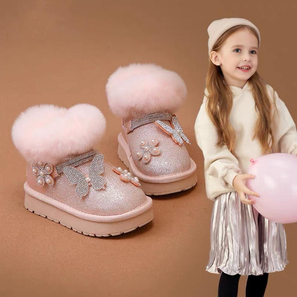 Children's Warm Snow Boots Baby Thick Velvet Crystal Boots Little Girl Thick Cotton Shoes