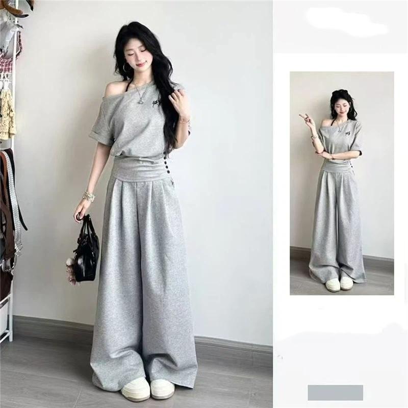 

Women s 2 Piece Outfit Off Shoulder Short Sleeve Top Wide Leg Long Pants Set XL сірий