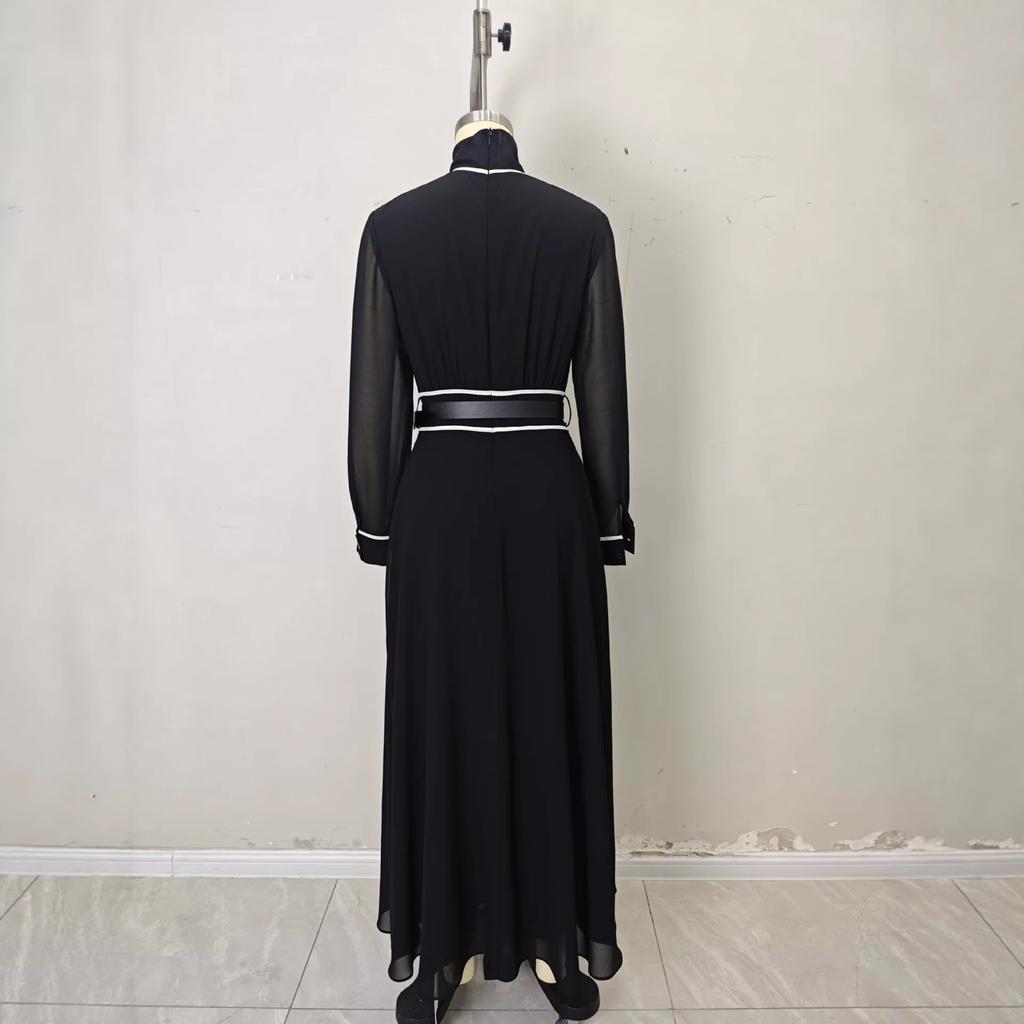 Amazon European and American winter French elegant wind contrasting color long-sleeved dress high-necked chiffon long belt long dress