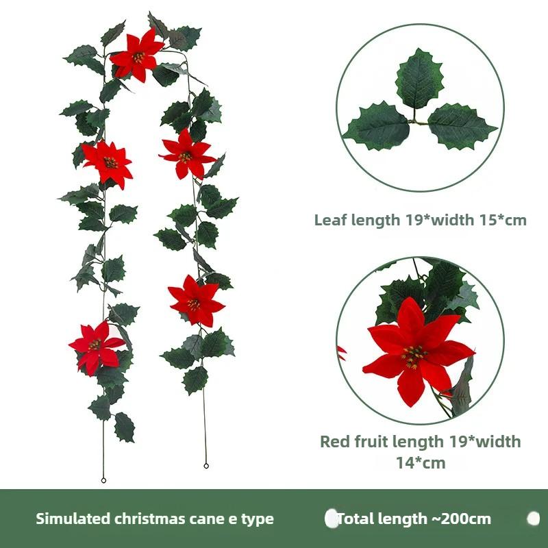1-10PCS Artificial Holly Leaf and Red Berry Garland Wall Hanging Christmas Decoration Faux Vine for Home Holiday Atmosphere