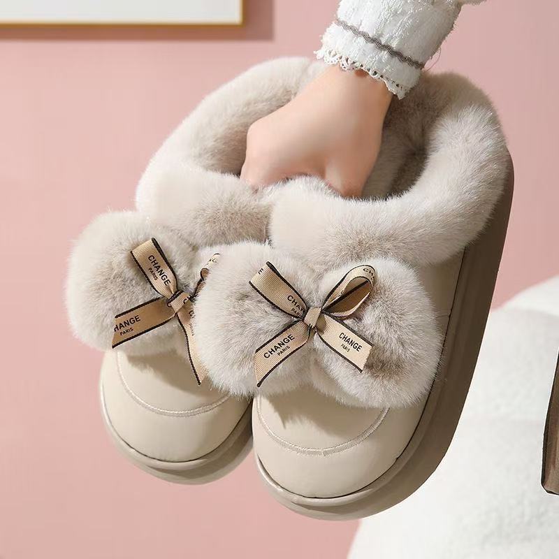 

Зимние домашние водонепроницаемые хлопковые тапочки модный бант нескользящие утолщенные бархатные теплые хлопковые туфли 40-41