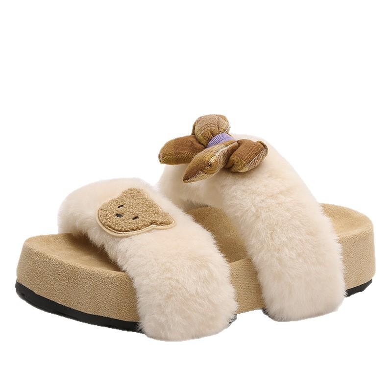 French fairy style sub-bow fluffy shoes female 2025 autumn and winter new outer wear advanced sense warm cotton drag female