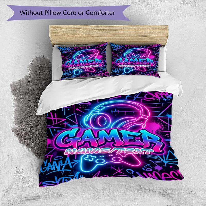3PC Custom Name Gamer Neon Artwork Bedding Set Printed  Bedding Set Duvet Cover Closure Includes 1 Duvet Cover & 51 Pillowcases for Bedroom