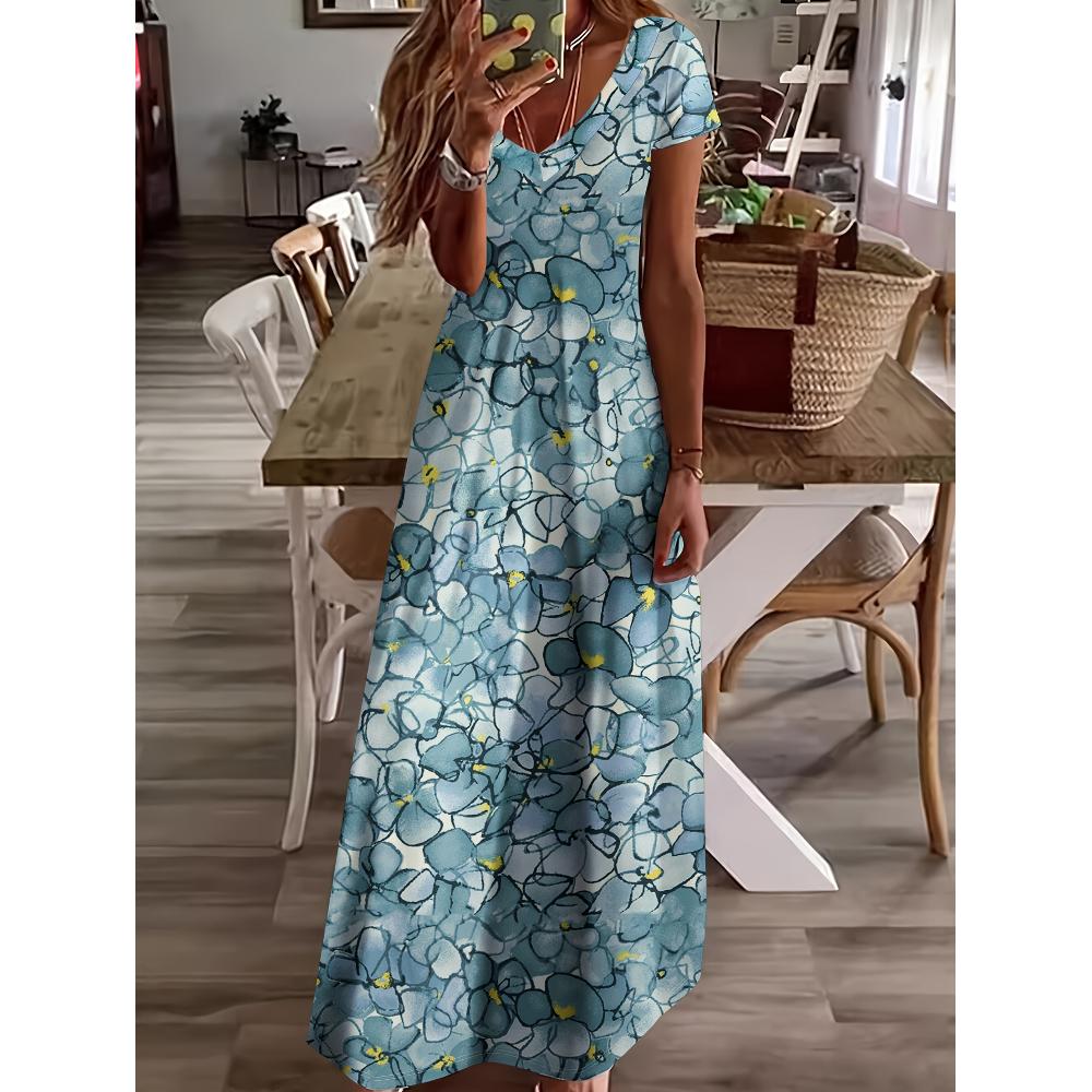Casual Stylish Floral Print Round Neck Dress, Short Sleeve Pocket Dress, Suitable for Spring And Summer, Women'S Clothing