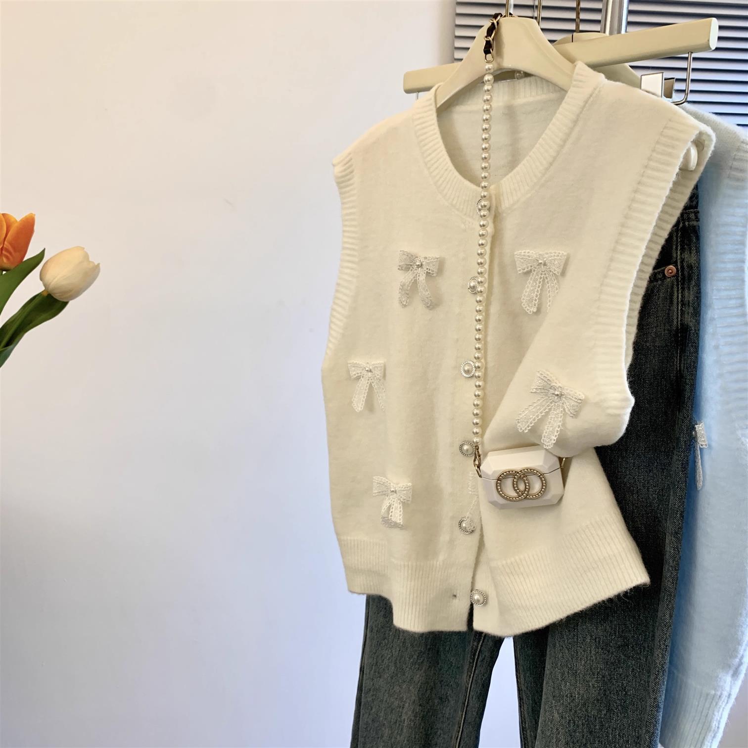 

Синий бант Вязаный жилет Женский весенний жилет Кардиган Топ без рукавов 2XL бежевый