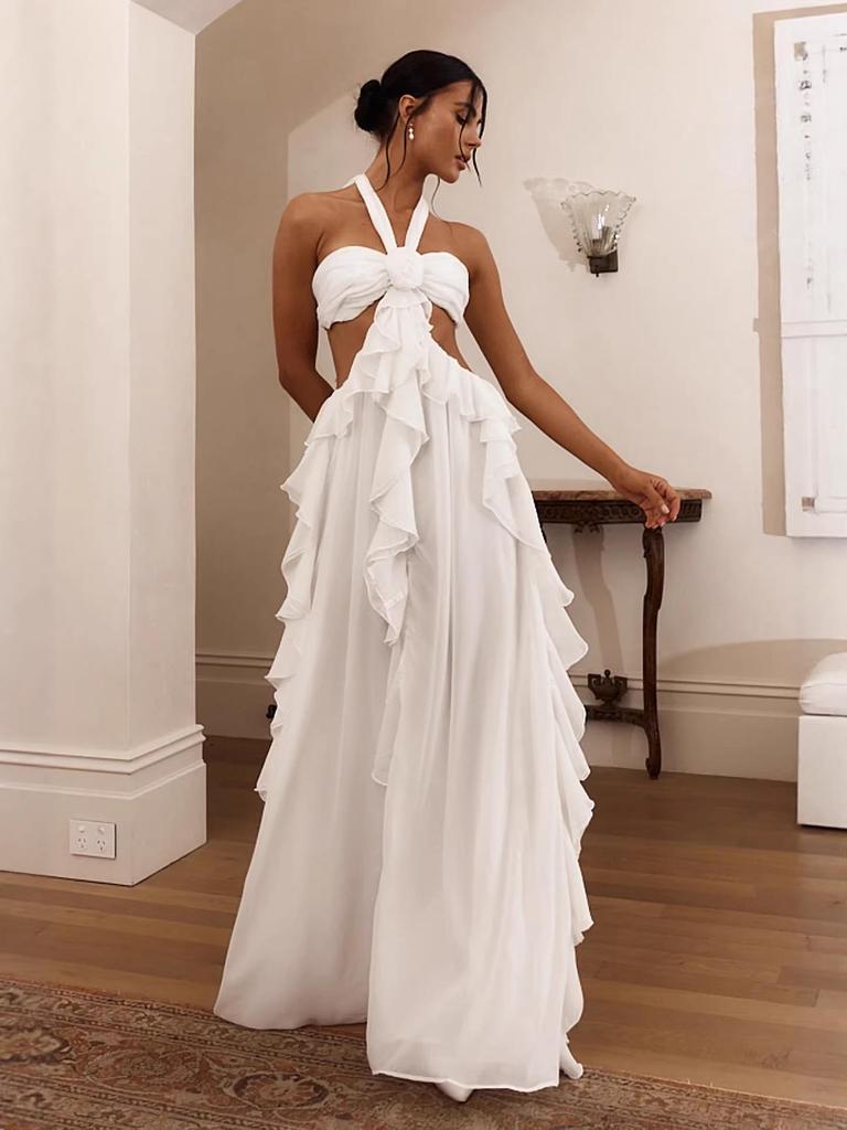 European & American 2026 Women's Elegant Chiffon Ruffle Slit Long Dress