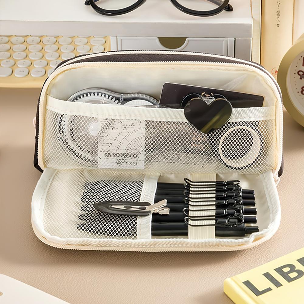 Hemp Rope Pencil Case Pen Bag 3 Compartments Front Pocket Oxford Fabric Storage Pouch for Stationery School