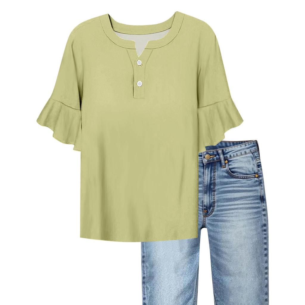 Women's Casual Fashion V-neck Ruffled Trumpet Sleeves Loose Versatile Solid Color Short Sleeves
