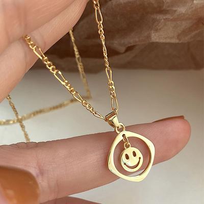 Hollow Out Smiling Face Square Necklace, Female Collarbone Chain, Female Hip-hop Personality, Cold Style, Niche Necklace