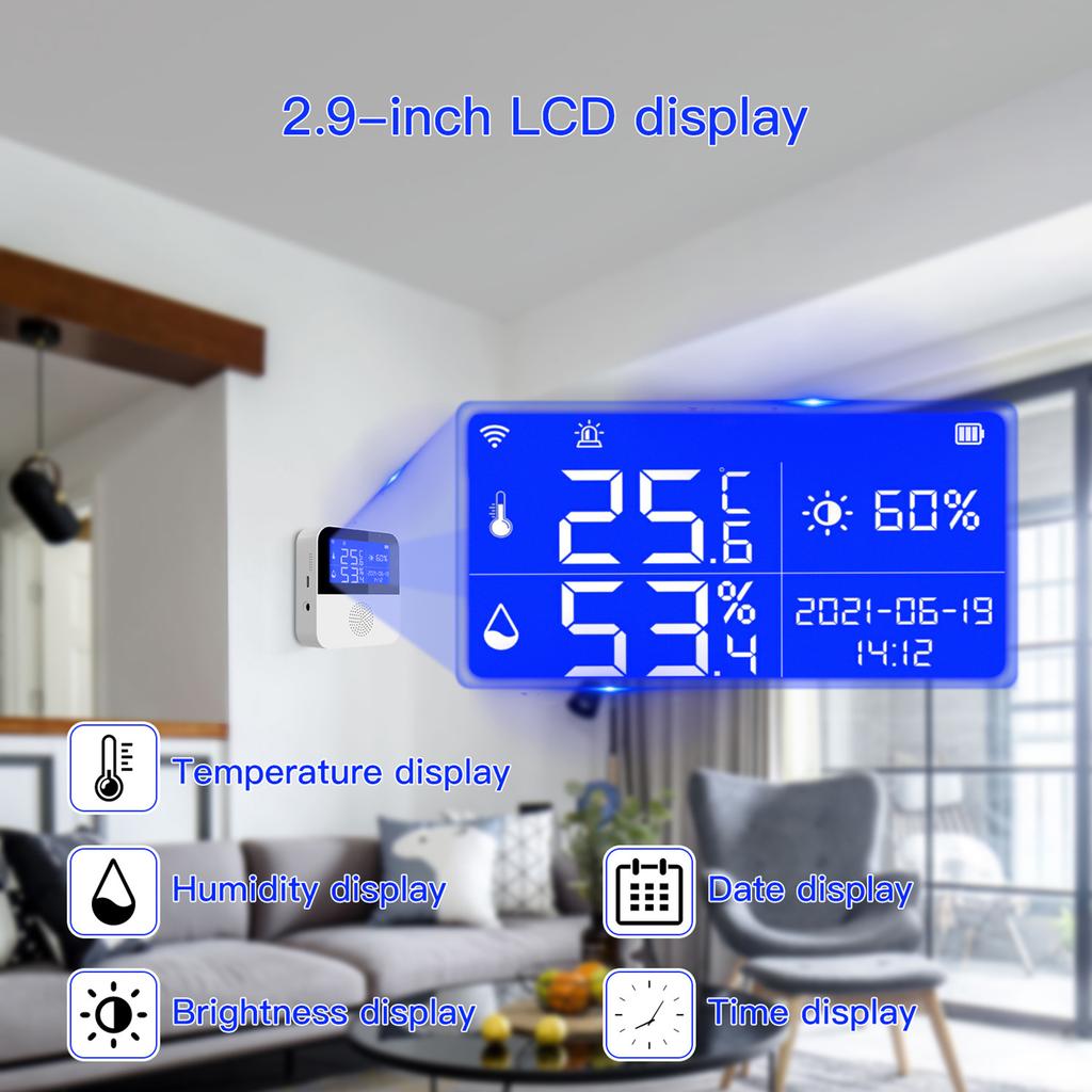 USB Powered Tuya WIFI Temperature and Humidity Sensor Indoor Hygrometer Thermometer with 2.9-inch LCD Display Screen
