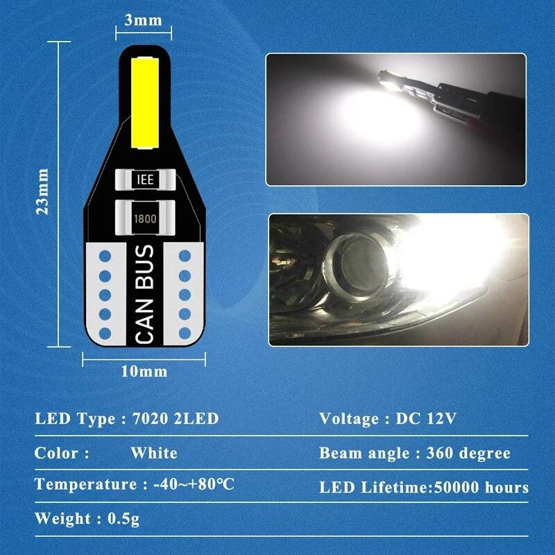 10 PCS T10 W5W LED Canbus Bulb 194 168 7020 Cob 2SMD Car Interior Lights Reading Lamp Wedge Bulb White Error Free