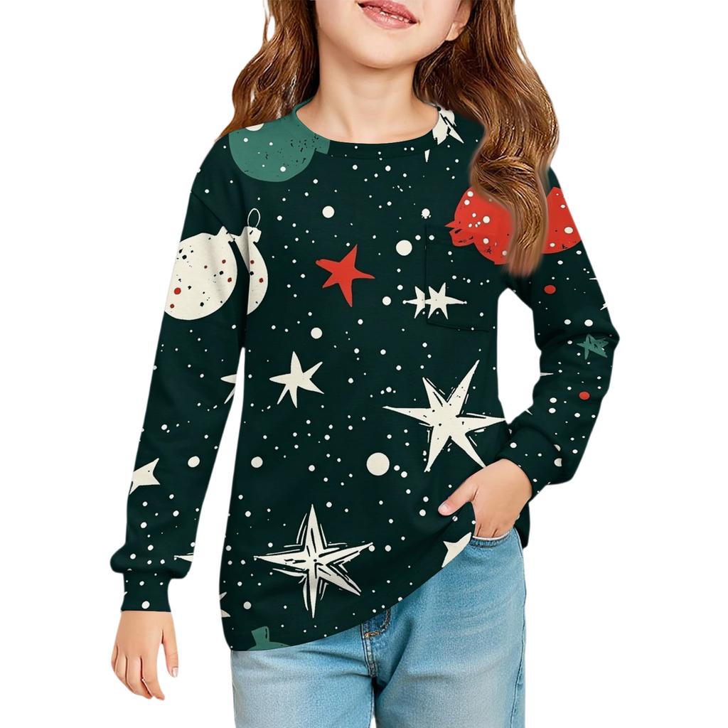 Christmas Day Girls' Long Sleeve Blouse - Round Neck Soft Waist Tunic