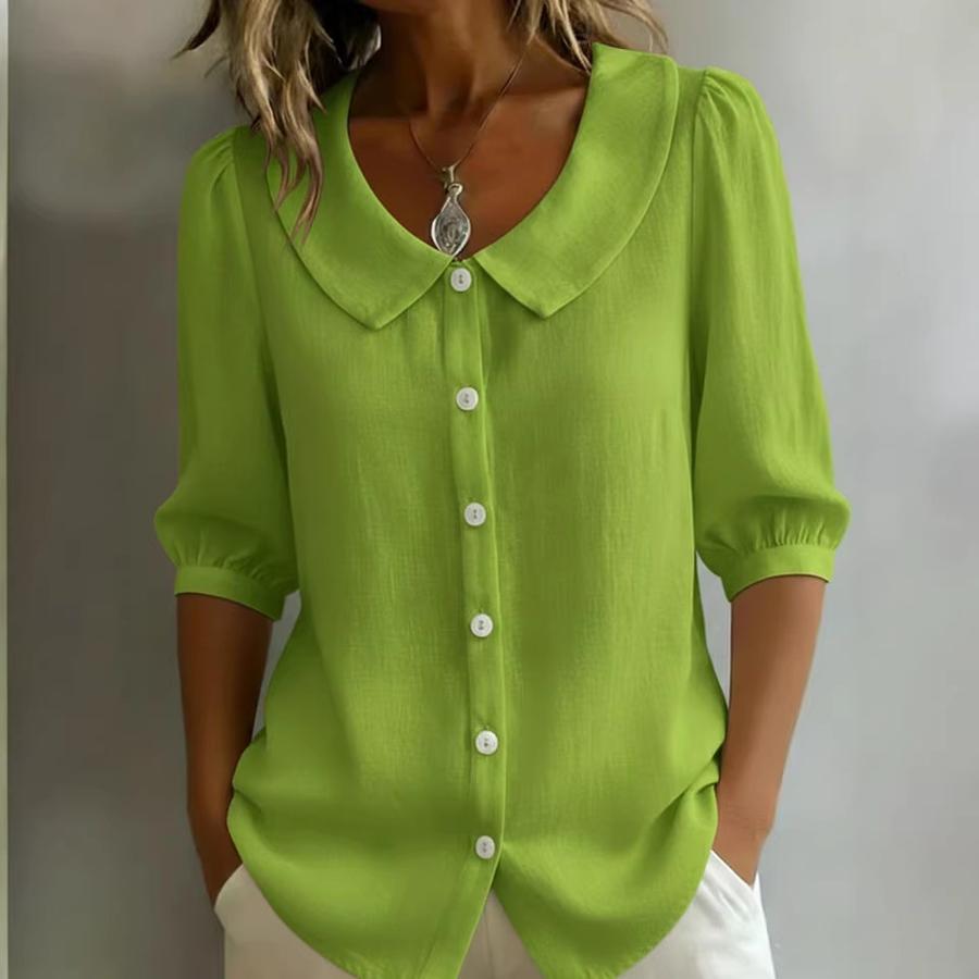 Trendy Linen Button-Down Shirt for Women - Short Sleeve Loose V-Neck Summer