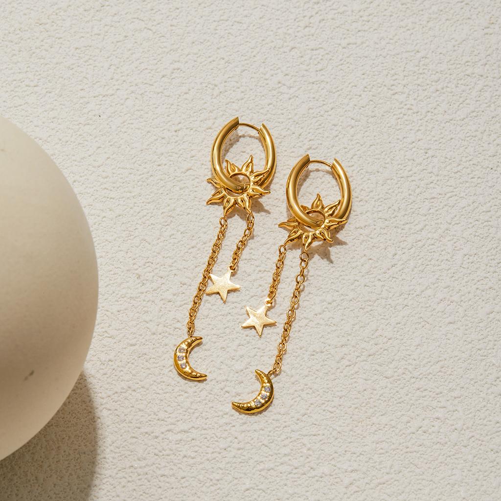 Youthway Fashion Pentagram + Sun Dangle Tassel Earrings Stainless Steel Gold Color Plated With Zirconia Women'S Earrings